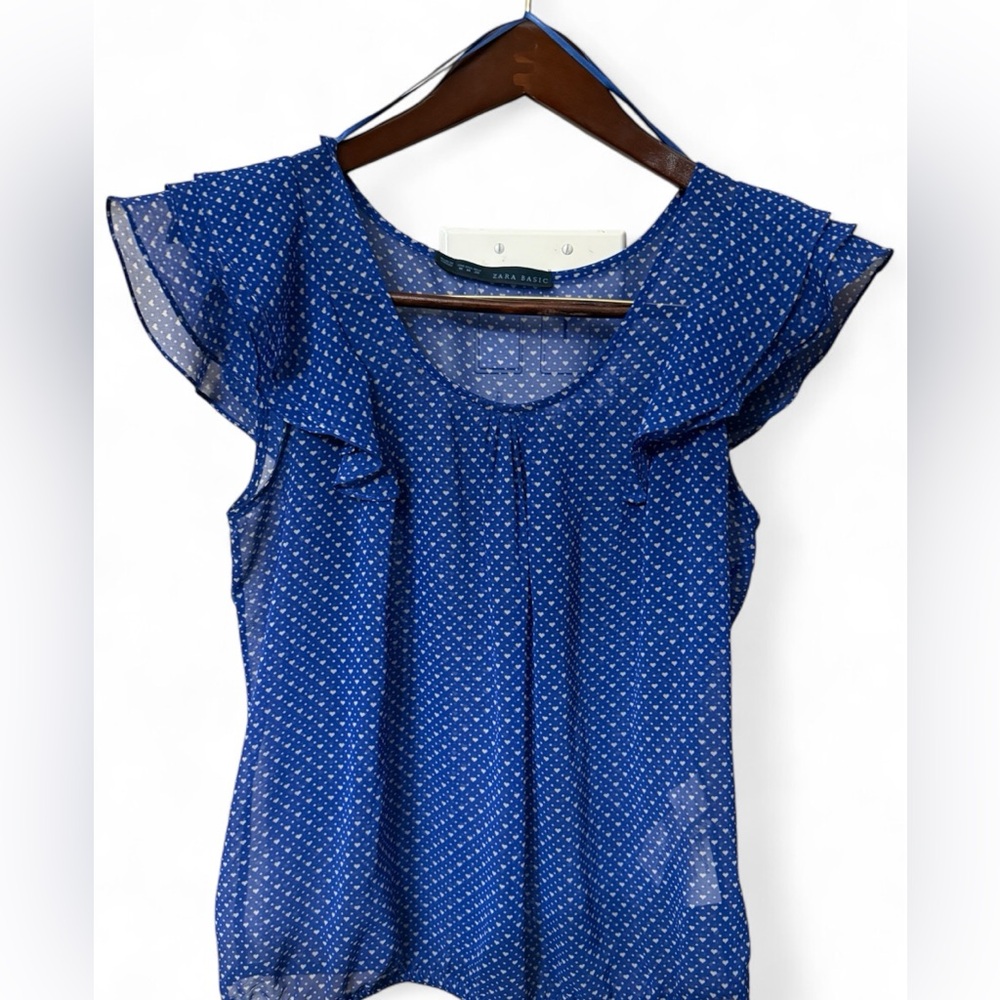 Zara blouse ruffle short sleeve white and blue heart design Medium Sheer top